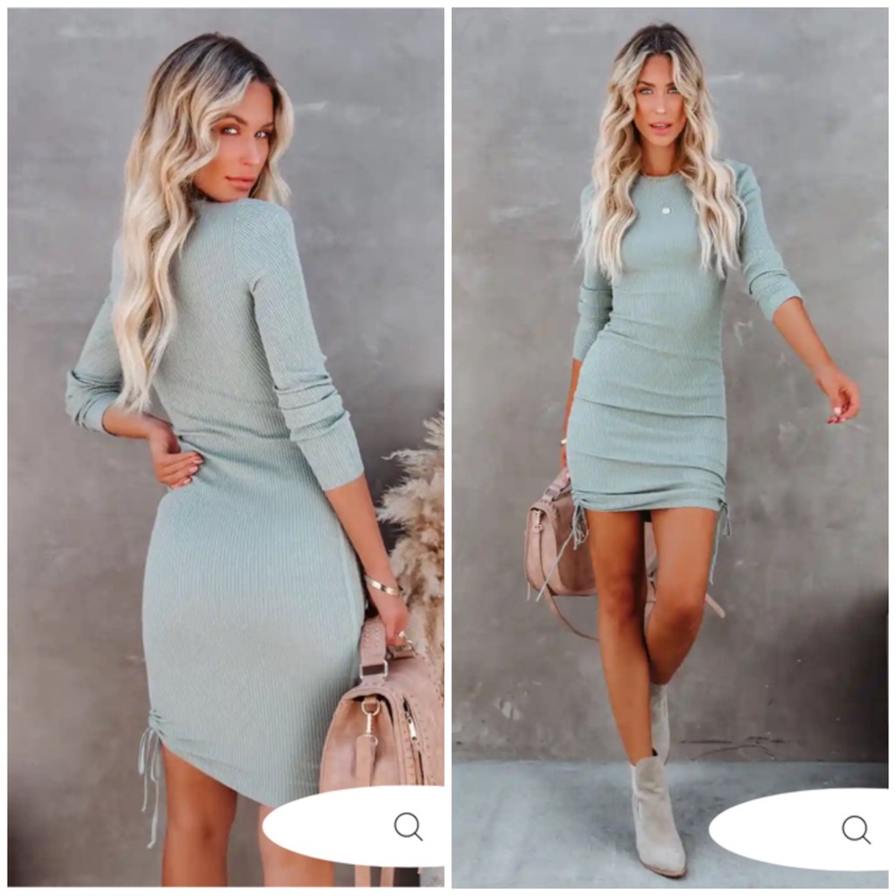 New! Vici Yasmine Long Sleeve Ruched Knit Dress In Sage